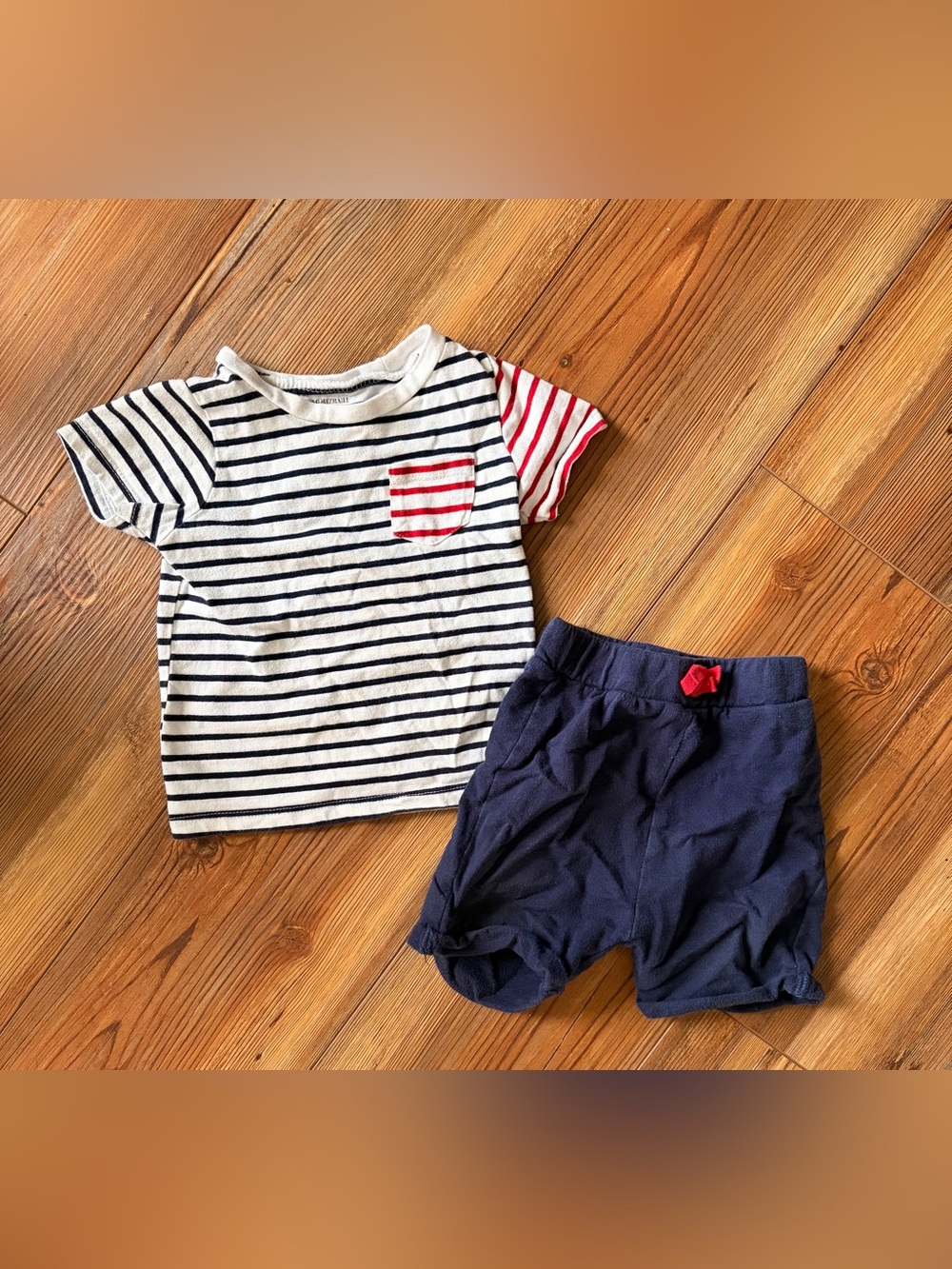 Isaac Mizrahi Navy & White Striped Tee with Red Pocket and Accent Sleeve
